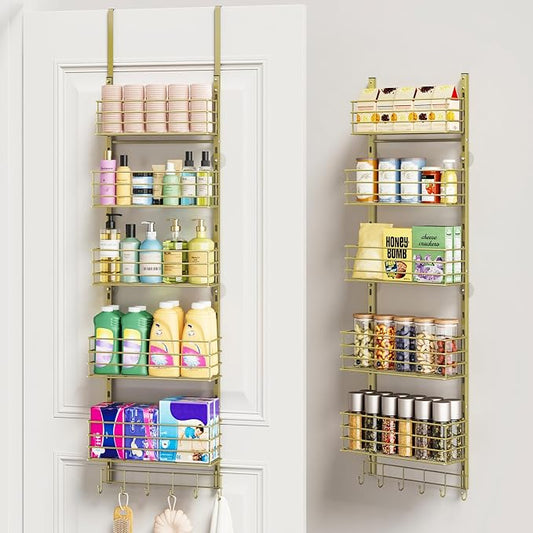SWTYMIKI Over The Door Organizer - Door Organizer Hanging with 5 Adjustable Metal Large Capacity Basket and 6 Coat Hook, Wall Mounted Shelf for Bedroom Closet Bathroom Laundry Pantry Cabinet Kitchen
