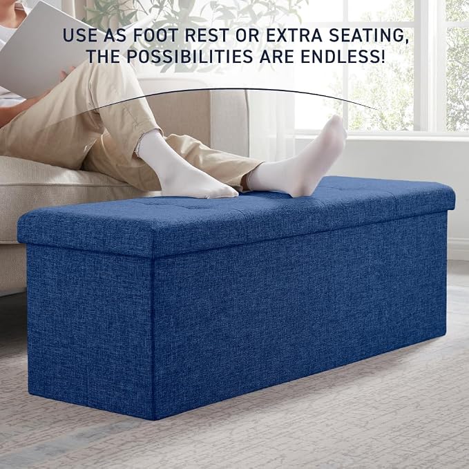 Ornavo Home 43 Inch Folding Extra Large Storage Bench, Linen, Navy Blue | Upholstered Tufted Ottoman with Lid; Foot Rest Stool; Ideal for Bedroom, Living Room or Entryway