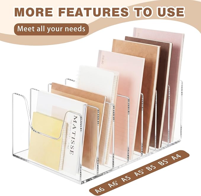 Wenqik 7 Section Clear Acrylic Desktop File Organizer Vertical File Sorter 4mm Thick, Large Capacity Upright Magazine Organizer, Book Paper, Notebooks, Envelopes, Mail Holder