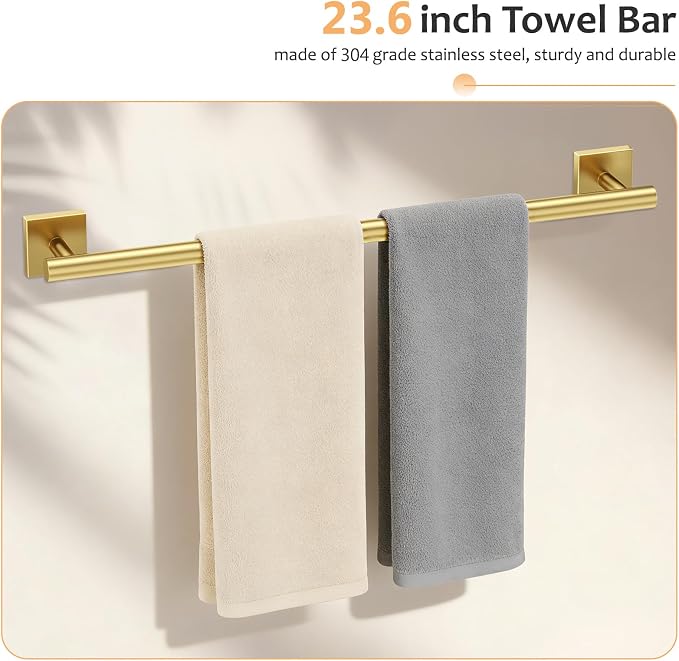 5 Pieces Brushed Gold Bathroom Hardware Set Towel Bar Set Stainless Steel Wall-Mounted Bathroom Accessories Set 23.6 Inch Towel Racks for Bathroom
