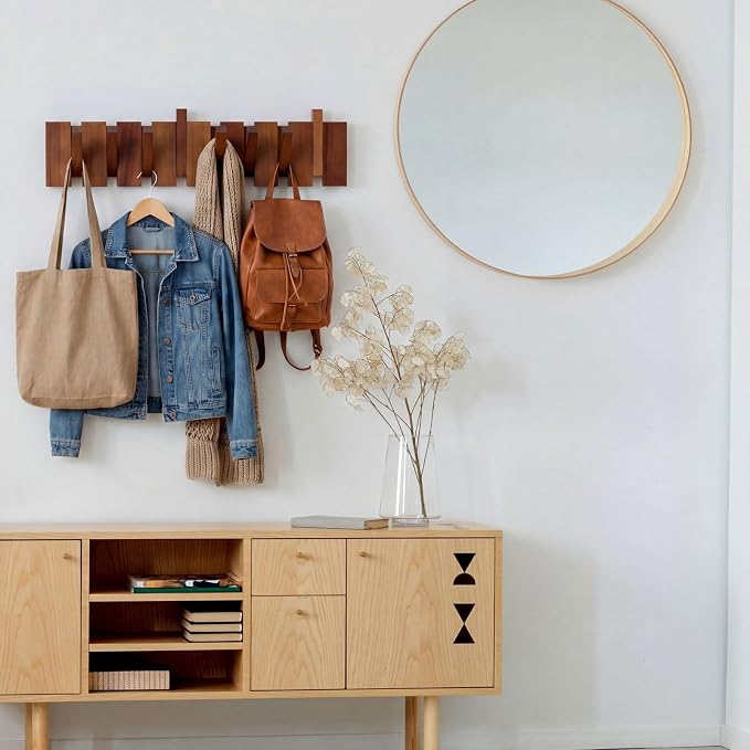 Youyole 8 Hook Wood Coat Rack Wall Mount Wooden Coat Hooks Rustic Wood Color Heavy Duty Flip Down Piano Hat Rack for Hanging Coats Keys Hats Robe Towels Home