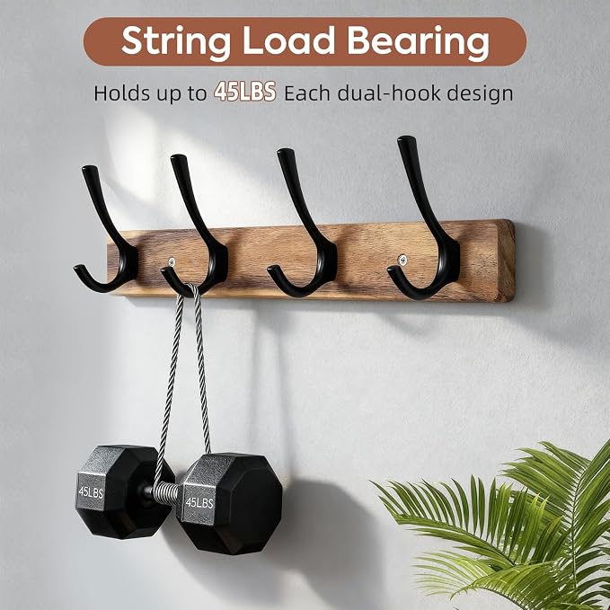 Yangbaga Coat Rack Wall Mount,Acacia Wood Coat Hooks Wall Mount,15" Wall Coat Rack with Heavy Duty 4-Double-Hooks,Hat Rack Wall Coat Hanger for Towel/Dog’s Leashes/Coat/Bag