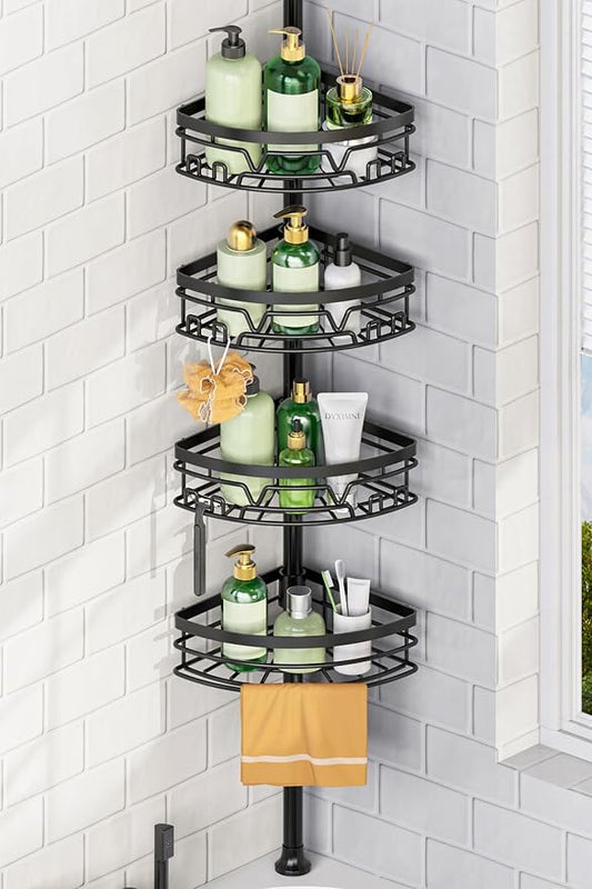 DAOYA Tension Pole Shower Caddy with Towel Bar - Corner Shower Caddy, Black | Tension Rod Shower Caddy, 4-Tier, 12 Side Hooks, Adjustable, Floor to Ceiling 25-114 Inch, For Bathroom Bathtub Living Room