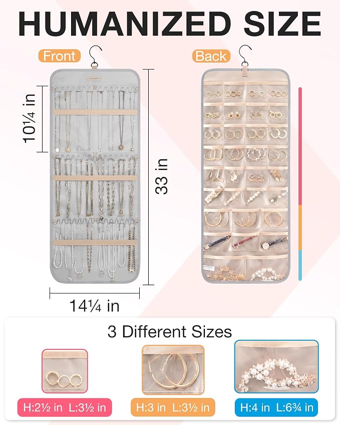BAGSMART Hanging Jewelry Organizer Necklace/Earring/Ring 2-Sided L Grey | Jewelry Holder Organizer Storage with Hanger Metal Hooks Double-Sided Jewelry Holder on Closet, Wall, Door