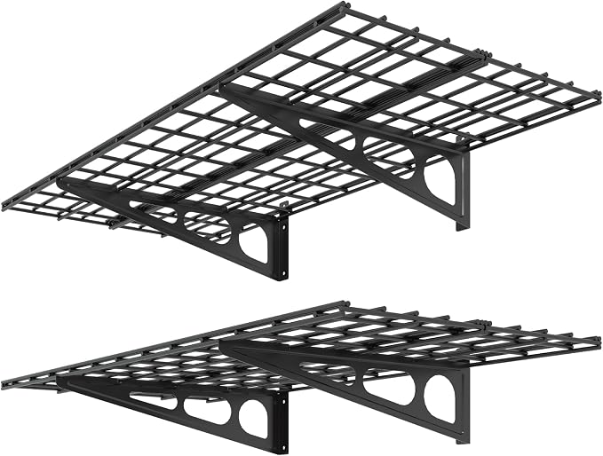 FLEXIMOUNTS 2 Pack 2x4ft Garage Shelving Wall Mounted Storage Rack, Black | 24-inch-by-48-inch Wall Shelf for Garage Workshop, Rustproof Seamless Grid Design, Classic Series