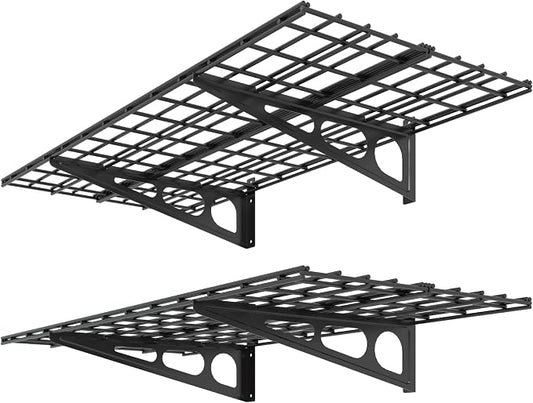 FLEXIMOUNTS 2 Pack 2x4ft Garage Shelving Wall Mounted Storage Rack, Black | 24-inch-by-48-inch Wall Shelf for Garage Workshop, Rustproof Seamless Grid Design, Classic Series