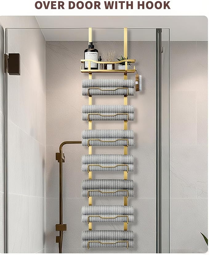 Aetyord Hanging Towel Racks for Bathroom Storage | 8-Tier Over The Door Bath Towel Storage Organizer with Metal Shelf Basket for Small Bathrooms RV Camper Gold