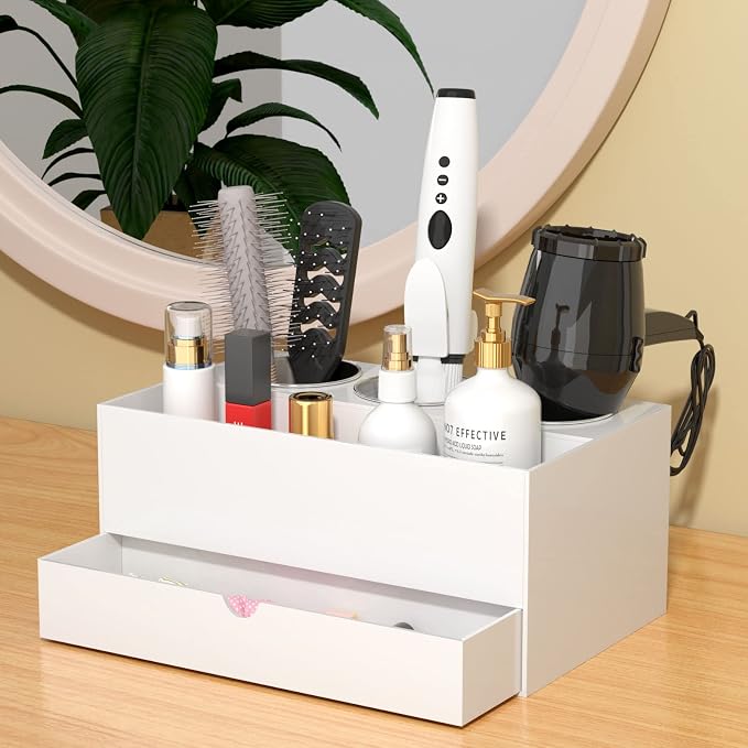 NIUBEE Acrylic Hair Tool Organizer with Drawer, Hair Dryer Holder Organizer | White, Hot Tools Organizer Countertop with 3 Cups, Hair Blow Dryer Storage for Curling Iron, Brush, Straightener, Bathroom