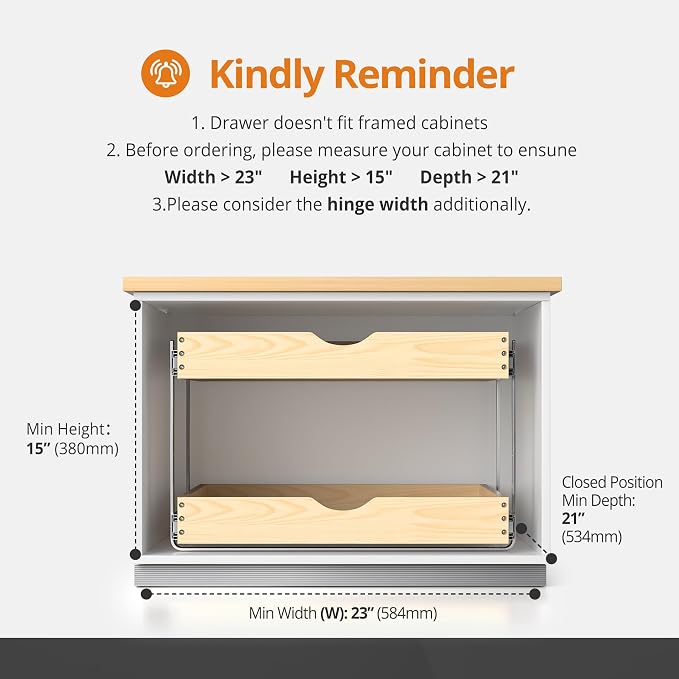 21" Deep 2-Tier Pull Out Cabinet Organizer - Wood Pull Out Drawers | Slide Out Shelves, Full-Extension, Ball-Bearing Slides, 3 Adjustable Heights (2-Tier, 23'W X 21''D Overall)
