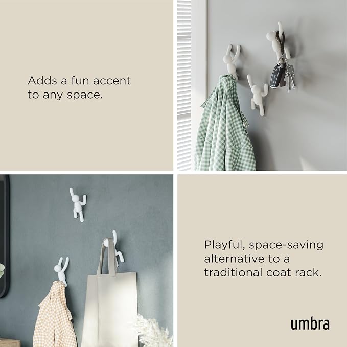 Umbra Buddy Wall Hooks, Decorative Wall Mount Coat Hooks, Set of 3, White | Easy install with hardware, holds 5lbs per hook, entryway bedroom bathroom dorm, playful hanging storage, recycled plastic