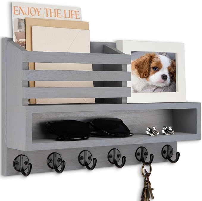 Key and Mail Holder Wall Mount, Key Hanger with Long Storage Box and Key Hooks for Coat, Dog Leash, Home Decor Rack, House Accessories, Entry Way Organizer