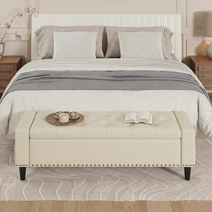 60" Storage Ottoman Bench, Faux Leather Upholstered Bed Bench with Tufted Buttons and Nailhead Trim, Large Ottoman with Storage for King Size End of Bed, Bedroom, Entryway, Hallway (Cream White)