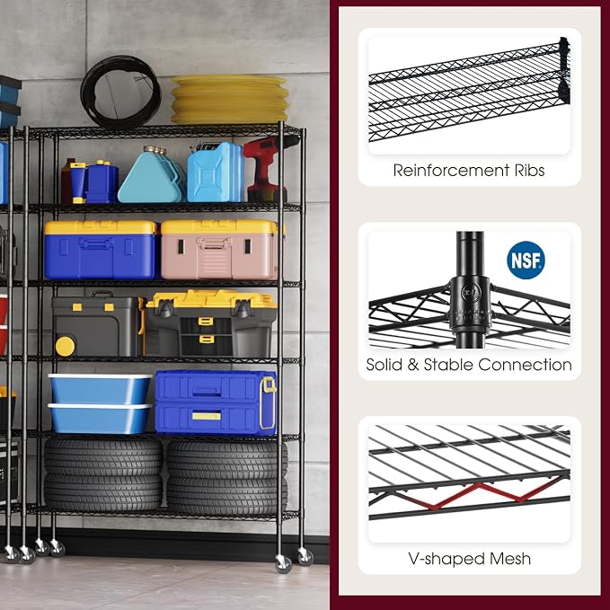 BestOffice | 6-Tier Wire Shelf with Wheels | 48" x 18" x 77" | Black | Storage Shelves with Adjustable Racks, Holds upto 600 lbs | Rust-Resistant, No-Tool Assembly | For Home, Garage