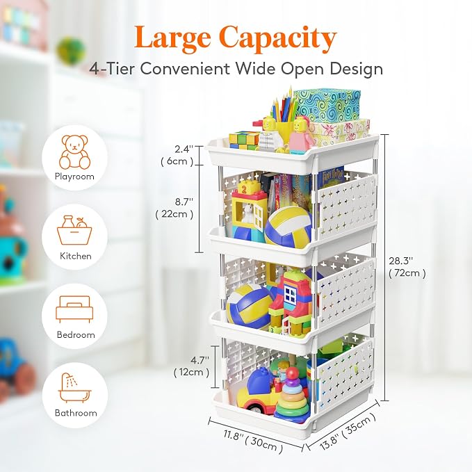 Lifewit Plastic Stackable Storage Baskets, 4 Tier Stacking Bins for Food and Clothes, Multifunctional Organizer for RV, Kitchen, Playroom, Pantry and Bathroom, 13.8"D x 11.8"W x 28.3"H, 1 Pack, White | Stacking Bins for Food, Multifunctional Organizer ...
