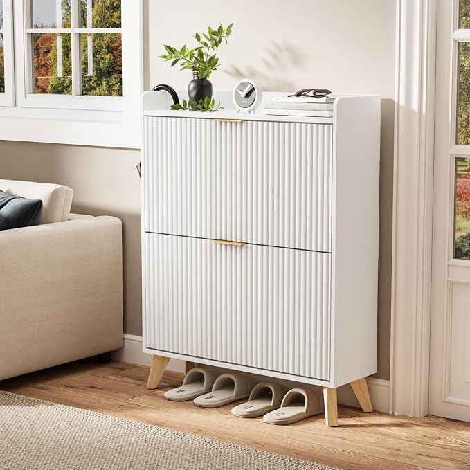 Slim Shoe Storage Cabinet for Entryway, 2 Flip Drawers Wooden Organizer with Fluted Panel, Secure Fence Top for Plants & Decor, Hidden Shoe Storage for Hallway & Foyer (White)