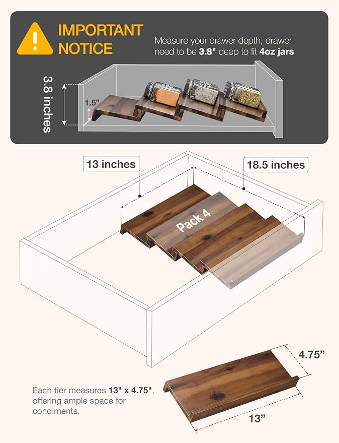 Tinamo Acacia Wooden Spice Rack Organizer for Cabinet - Spice Drawer Insert, Spice Organization for Cabinet, Seasoning Organizer, Spice Holder Pack of 4 (Walnut, Pack 4) | Acacia Wood Construction, No assembly, Stackable 4-tray Design, Spacious for up ...