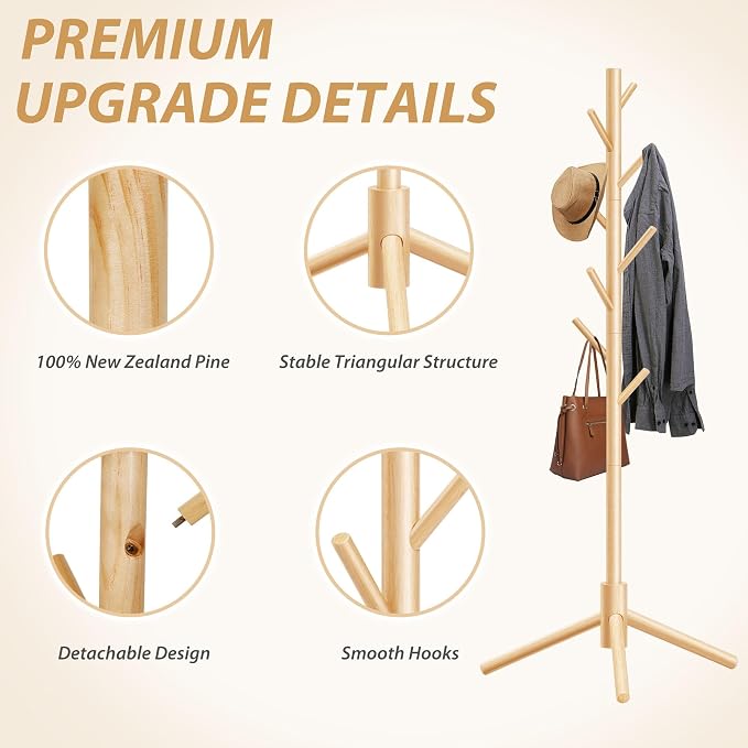 Unisakey 8-Hook Freestanding Wooden Coat Rack 3 Adjustable Heights Nature | Stable Triangular Base for Safety,Durable Construction,Simple Tool-Free Assembly,Ideal for Bedroom Hallway Office Entryway