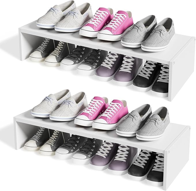 Cidaziya 2 Pack Expandable 1 Tier Shoe Rack for Shoe Cabinet, 1 Tier Stackable White Shoe Shelf Organizer for Closet, Sturdy Metal and Wood Structure, Hold 12-16 Pairs of Shoes