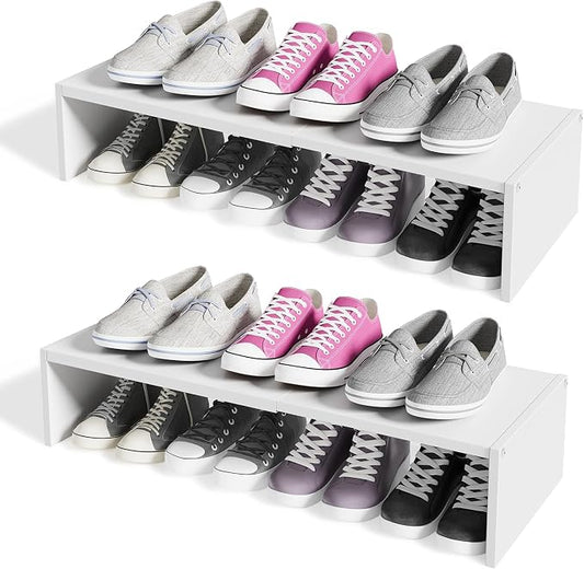 Cidaziya 2 Pack Expandable 1 Tier Shoe Rack for Shoe Cabinet, 1 Tier Stackable White Shoe Shelf Organizer for Closet, Sturdy Metal and Wood Structure, Hold 12-16 Pairs of Shoes
