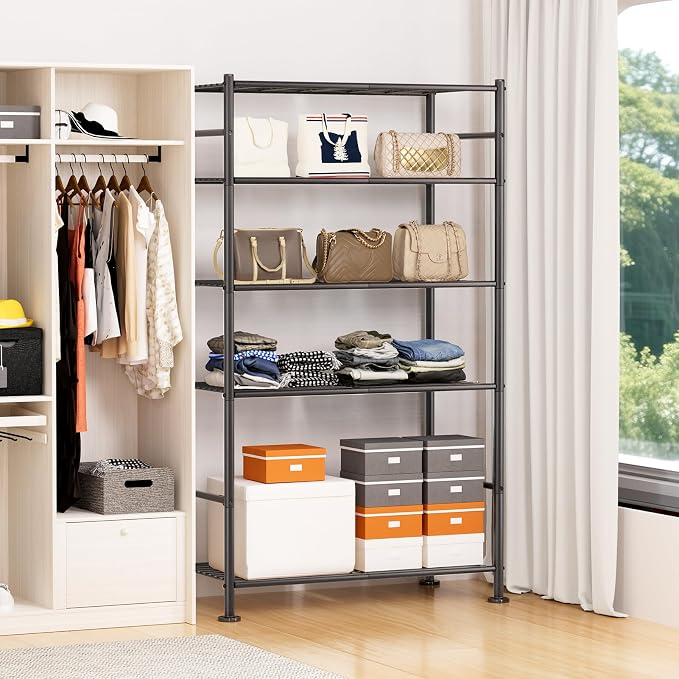 BolDuck 5 Tier Shelf Organizer Rack, Metal Shelving Unit with Adjustable Leveling Feet, Space-Saving Storage Shelves for Garage Closet Laundry Bathroom Kitchen Pantry, 33.07”Wx12.6”Dx72.04”H,Black