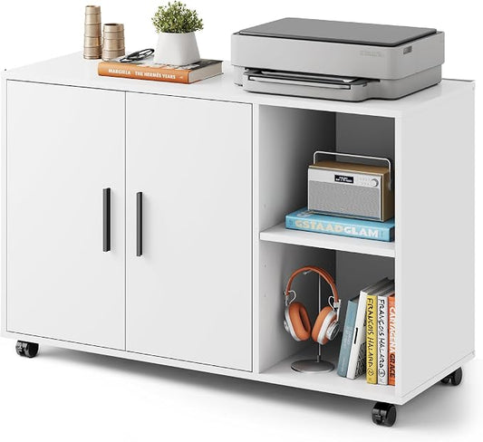 DEVAISE Office Storage Cabinet, Lateral Printer Stand, White | Doors and Shelves, Mobile File Cabinet, Large Office Supplies and Craft Storage