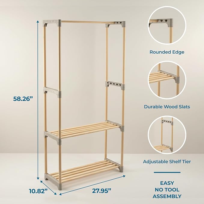 Honey-Can-Do Wood Garment Rack with 2 Shelves, Freestanding, Natural | Natural wood clothing rack with rod + 2 slatted shelves. Tool-free setup for bedroom, entryway & laundry. Holds up to 55 lb.