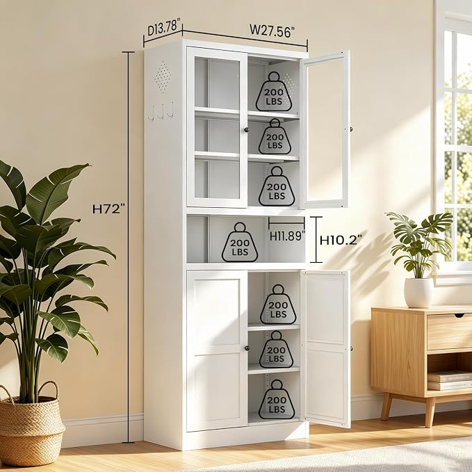 Metal Pantry Cabinet, 72" Kitchen Pantry Cabinet with 2 Doors and 4 Adjustable Shelves, White Steel Storage Cupboard for Dining, Office, Living Room, Bathroom