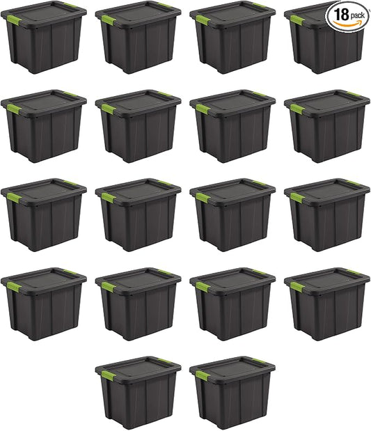 Sterilite Latching Tuff1 Tote Containers w/Lids, 18 Gallon, 18-Pack | Flat Gray, Large Plastic Storage Bins - Heavy-Duty Stackable Organizer Boxes for Home, Office, Basement, Closet, & Garage