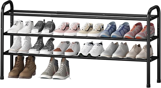 STO STO Long Expandable Shoe Rack 3-Tier, Adjustable Length 33.7”–47.5” Shoe Organizer, Metal Shoes Storage Shelf, Holds Up to 24 Pairs, Non-Slip Feet, for Closet, Entryway, Hallway, Front Door, Black