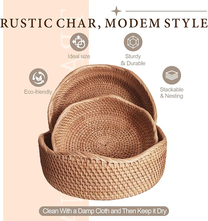 11.2" Large Rattan Wicker Bread Basket, Handwoven Fruit Basket for Kitchen | Artisanal Natural Food Baskets, Well-Made & Sturdy. Versatile for Fruits, Vegetable, Bread & More. Farmhouse Decor (Wave)