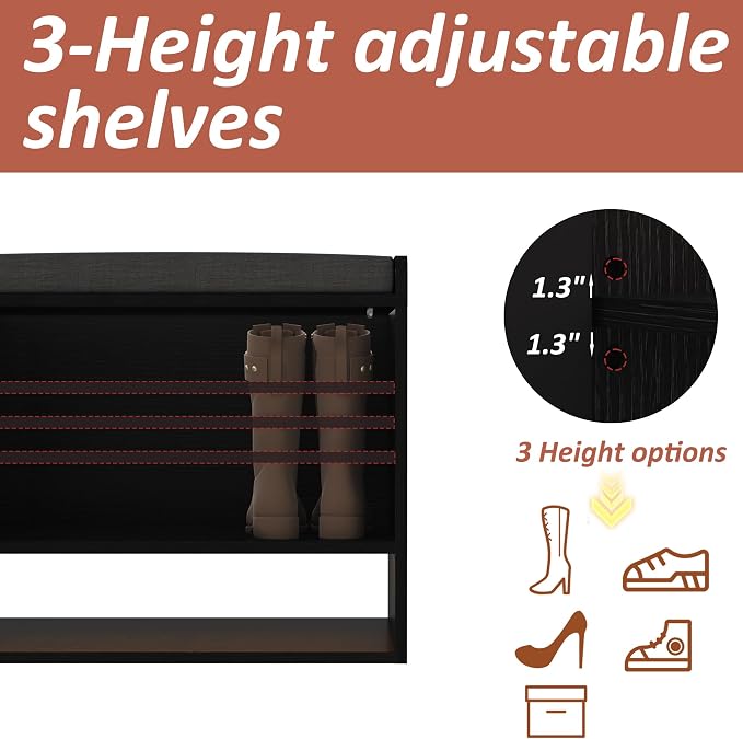 HOMEFORT 23.6" Fluted Shoe Storage Bench, Small Entryway Bench with Linen Seat Cushion, Shoe Cabinet Bench with Adjustable Shelf and Built-in LED Sensor Light, Bench for Bedroom End of Bed,Black
