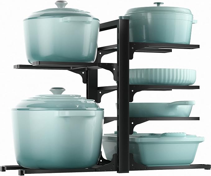 Pots and Pans Organizer Under Cabinet 13.8", 6-Tier Adjustable Rack | 2 DIY Modes, Tool-Free Assembly, Max 90 Lbs, Fits Cast Iron Pans, Dutch Ovens & Heavy Cookware, For Kitchen Cabinets