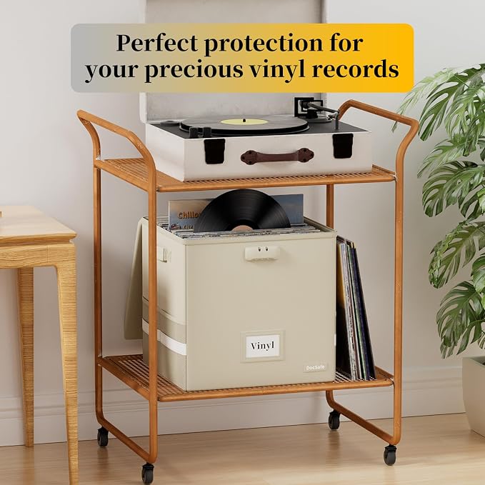 DocSafe Fireproof Vinyl Record Storage Box with Lock, Beige, 13"x13"x13" | Record Organizer for 100+ Single Records(12-inch),Collapsible,with Lid&Handles,Valuable Album Collection,Home&Travel Safe