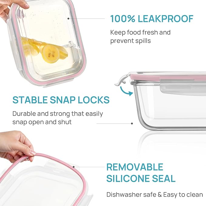 Vtopmart 2Pack 2260ml/76.4oz Extra Large Glass Storage Containers, Pink | Meal Prep Food Container Set with Snap Airtight Lids, Microwave, Oven, Freezer, Dishwasher Safe, Baking, BPA Free