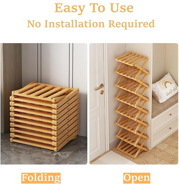 4 Tier Foldable Shoe Rack, Bamboo Vertical Shoe Organizer Tall for Multifunctional Narrow Shoe Shelf for Entryway, Closet, Corner, Bedroom, Hallway(Natural)