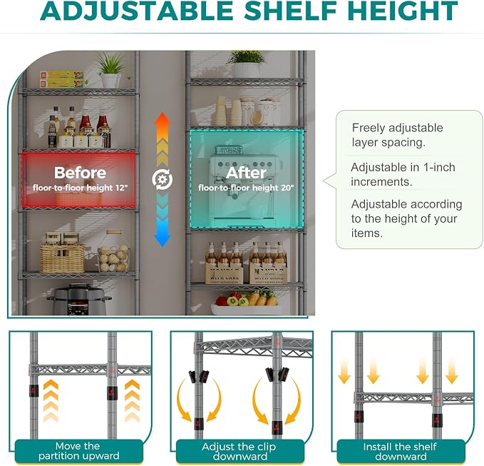 SINGAYE 6 Metal Shelves Wire Shelving Storage Shelf Adjustable Unit Pantry | 6 Tier Kitchen Laundry Room Organization Home Pantry Closet Bathroom Organizers Garage Rack 14" D x 24" W x 72" H Gray