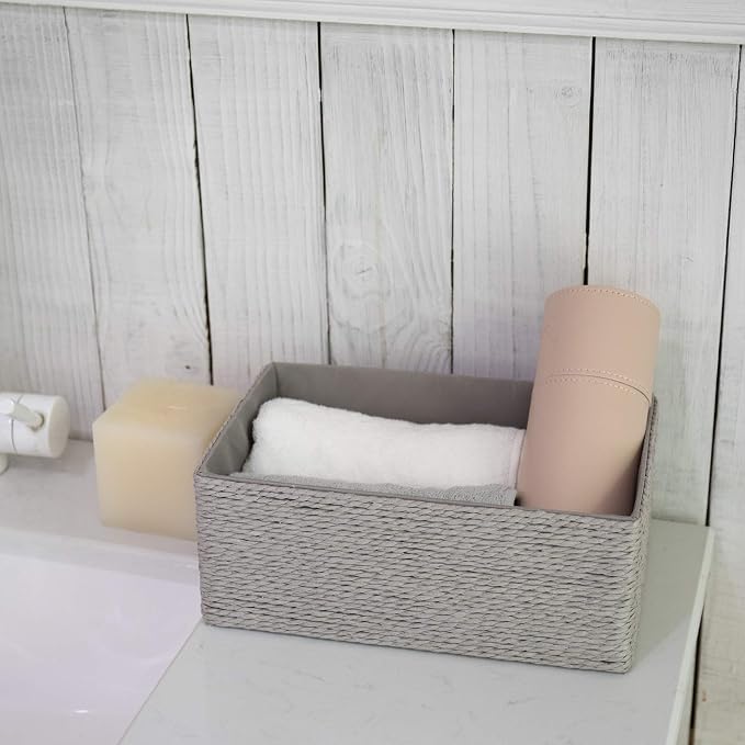 LA JOLIE MUSE Bathroom Basket Organizers, Paper Rope Storage, Grey 4 Pack | Stackable, Sturdy Lined Woven Basket, Organizer for Toilet Paper, Laundry Room Essentials, Shelves and Nightstand Drawers