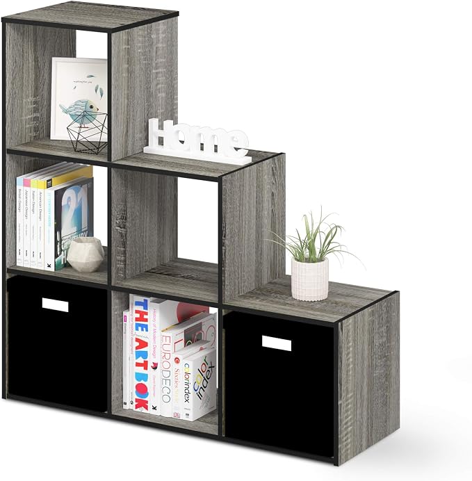 Furinno Pelli 3-2-1 Cubic Storage Cabinet, French Oak Grey/Black | 11.8 x 36 x 35.6, Open Frame, 6-Cube Storage Organizer Cabinet, for Living Room, Bedroom, Home Office
