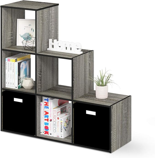 Furinno Pelli 3-2-1 Cubic Storage Cabinet, French Oak Grey/Black | 11.8 x 36 x 35.6, Open Frame, 6-Cube Storage Organizer Cabinet, for Living Room, Bedroom, Home Office
