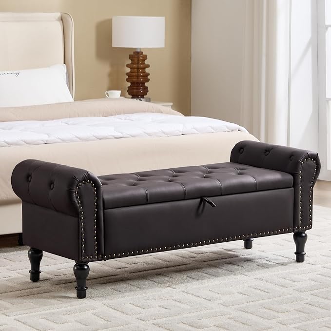 51" Storage Bench for Bedroom, Faux Leather End of Bed Bench, Queen Size Bench with Rolled Arms, Tufted Storage Ottoman Benches, Upholstered Bench for Bedroom, Living Room, Entryway, Dark Brown