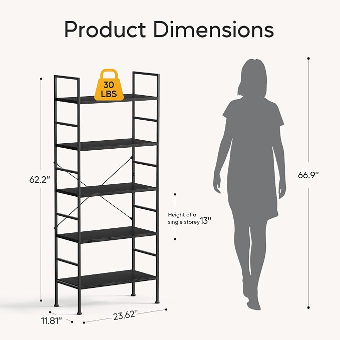 HealSmart 5 Tier Bookshelf, Free Standing Book Shelf Home Office Bookcase Shelf Storage Organizer for Bedroom, Living Room, Bathroom, Office, Balcony, Black