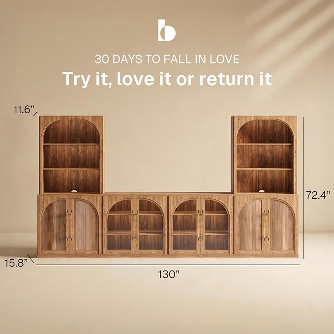 BELLEZE 6-Piece Modular TV Stand Set - 2 Arched Glass Cabinets, 2 Double-Arc Wood Door Bases, and 2 Hutch Units, Classic Modern Entertainment Center with Adjustable Shelves for Living Room(Camel)
