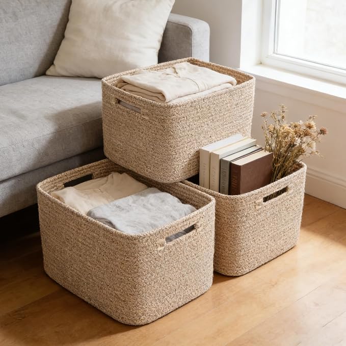 3 Pack Woven Baskets,Storage Baskets for Shelves with Handles | 13.5"×11"×9.5", Closet Baskets, Nursery Organizer for Toys Towels Books, Storage Bin for Living Room Bedroom (Mixed Brown)