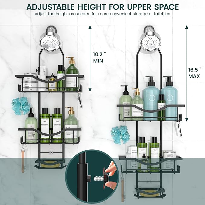 Shower Caddy Hanging Adjustable Shower Caddy, Rustproof Shower Organizer Extended Length Shower Caddies Over Shower Head with Hooks Soap Holder, Large Capacity Anti-Swing Bathroom Storage, Black | Extra Long, No Drilling, Anti-Slip, Shower Caddy Over S...