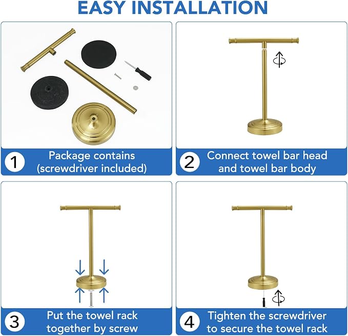 RUMOSE Brushed Gold Hand Towel Holder Stand Countertop Towel Rack | 13 Inch Bathroom Kitchen Vanity T-Shape Towel Stand Free Standing Stainless Steel Towel Bar Towel Ring