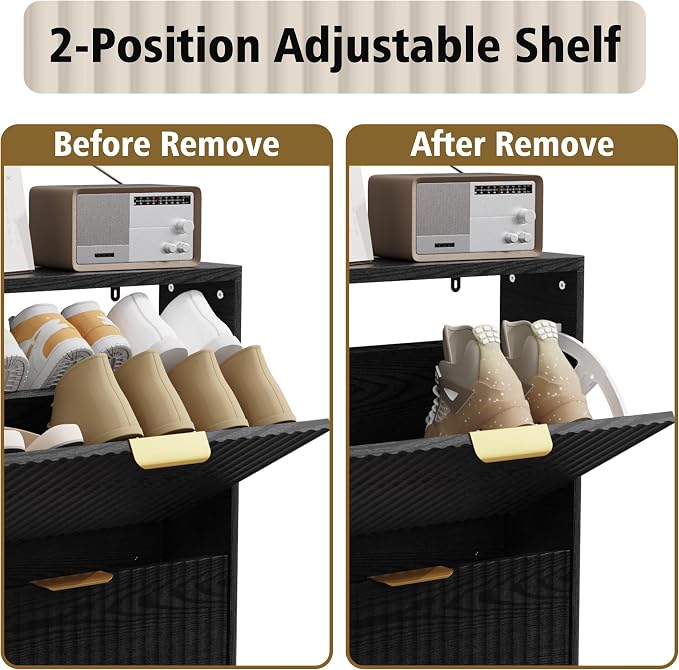 KIGOTY Narrow Shoe Storage Cabinet, Shoe Cabinet with 2 Flip Drawers, Freestanding Shoe Organizer with Legs for Entryway, Slim Shoe Rack Cabinet for Enterway (Black-Gold, 2 Flip Drawer)