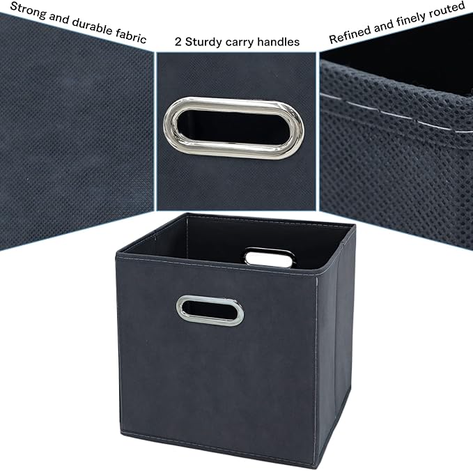Black Fabric Cubby Storage Bins,13x13x13 Inches ,Cube Organizer Bin Foldable Storage Boxes with Dual Handles Fabric Organizer Box and collapsible Storage basket,Set of 6,Grey