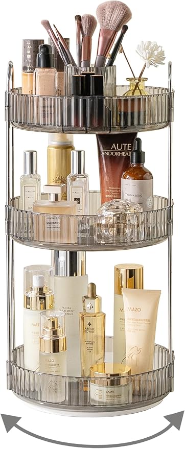 Asayuee 360 Rotating Makeup Organizer,3 Tier Large Capacity Make Up Organizers and Storage,Skincare Perfume Vanity Organizers,Bathroom Cosmetics Storage Organizer Countertop(Grey)
