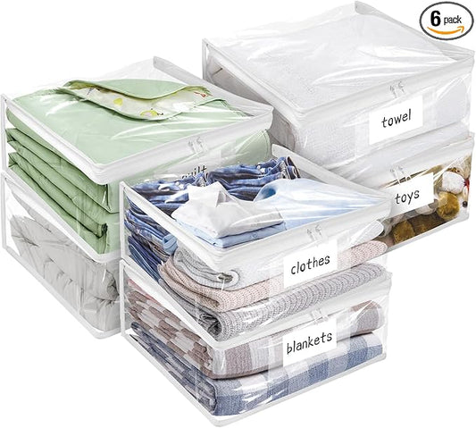 Kikerike Plastic Storage Bags with Easy-Glide Zipper, Pack of 6, Durable Clear Vinyl Zippered Storage Bags for Clothes Sweaters Comforters Blankets Sheets Bedding (12 x 12 x 3.9 Inch, White)