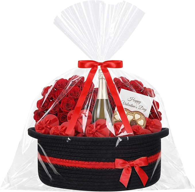 Colingmill 1 Set Woven Empty Basket for Gift,Black Red | with Cellophane Wrap Set, 14 x 10 x 5.5 Inch, Medium Decorative Gift Basket, Cotton Rope Storage Box, Home Decor